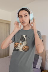Halloween Black Cat T-Shirt - Cute Ghost Cat and Pumpkin Tee
