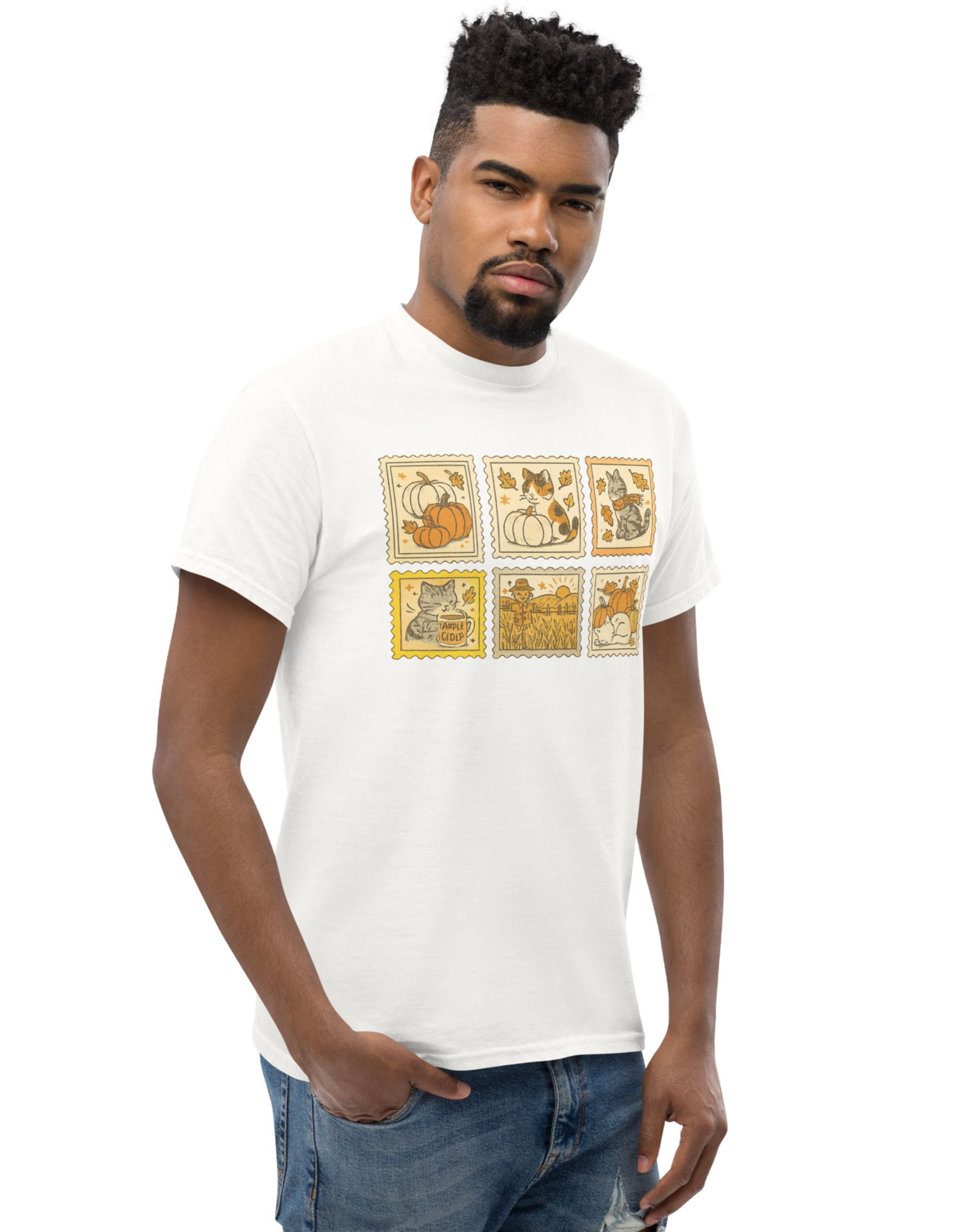 Fall Cat Stamps T-Shirt - Cute Autumn Cat Graphic Tee