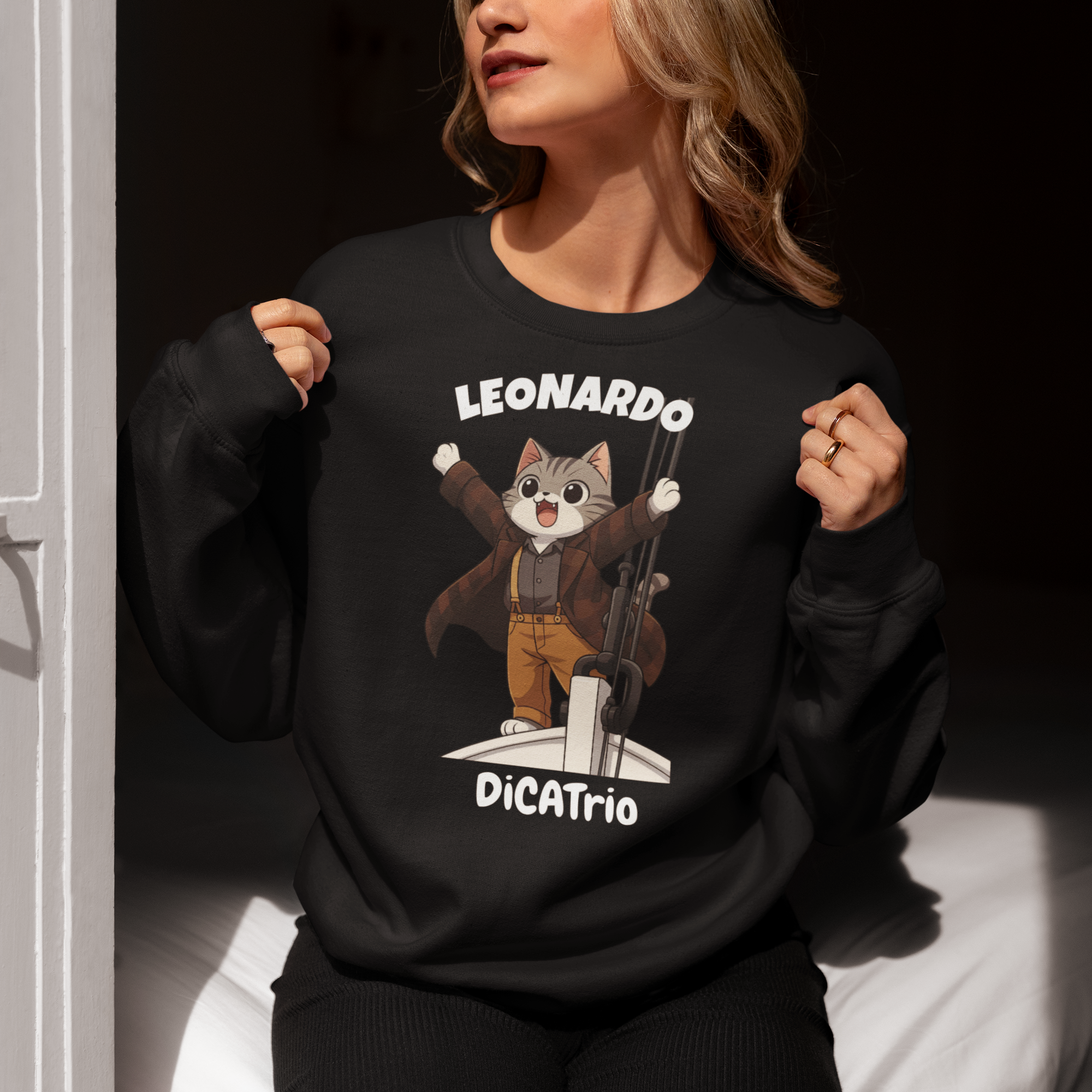 Leonardo DiCatprio Sweatshirt Funny Titanic Cat Parody Pullover - sizes up to 5XL