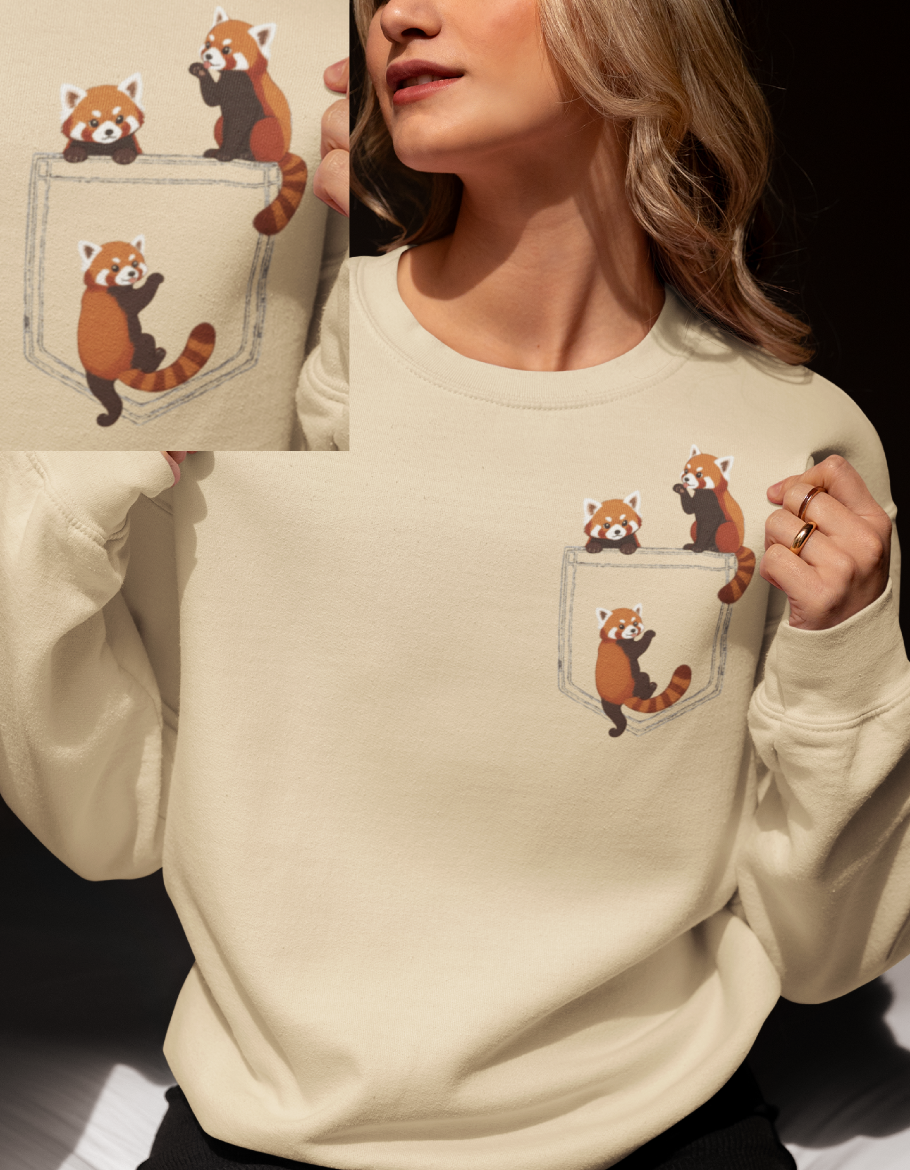 Red Pandas on Pocket Sweatshirt Cute Red Panda Sweater Minimal Animal Crewneck – sizes up to 5X