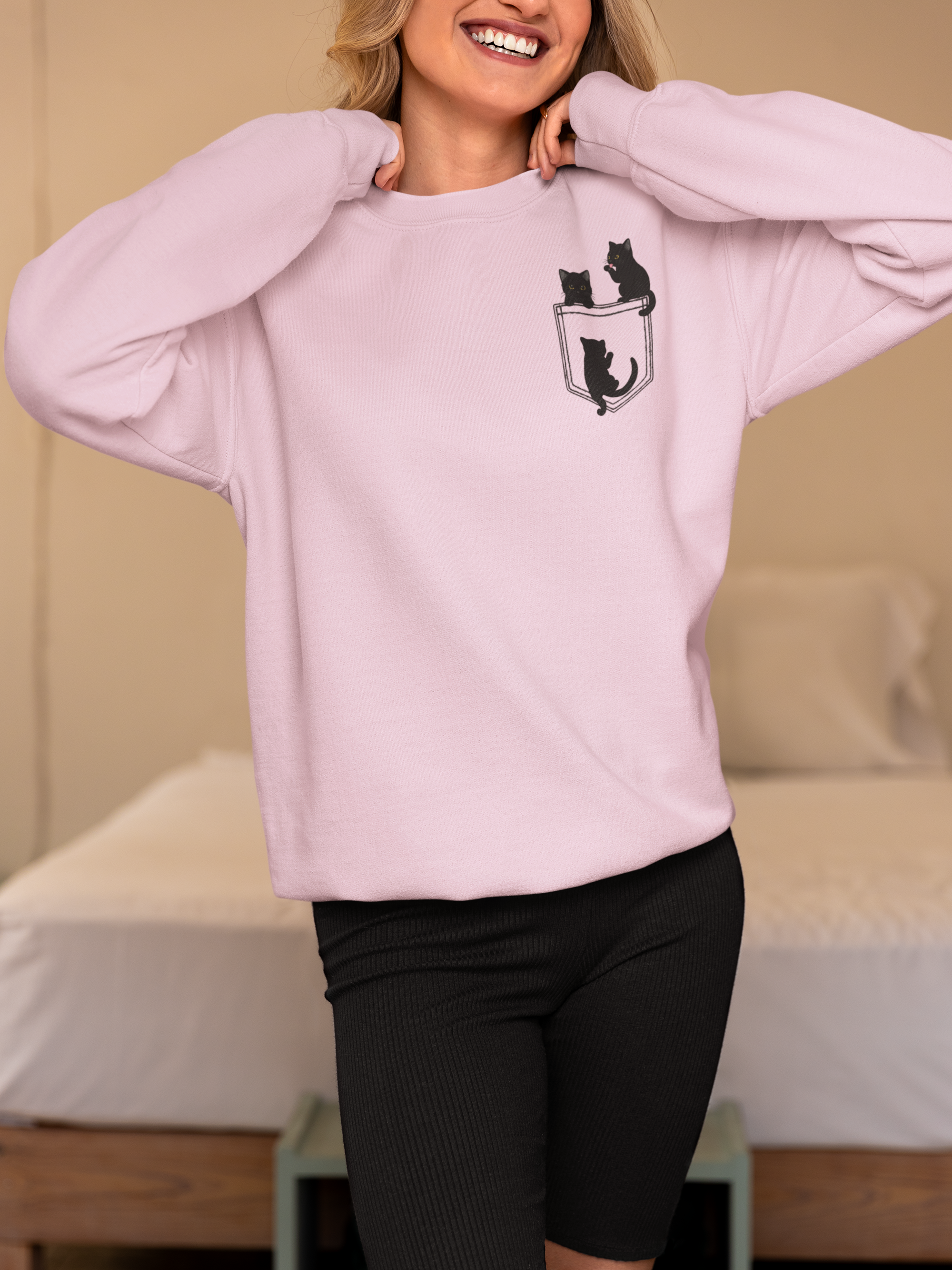 Black Cats on Pocket Sweatshirt Minimal Cat Crewneck Sweater – sizes up to 5XL