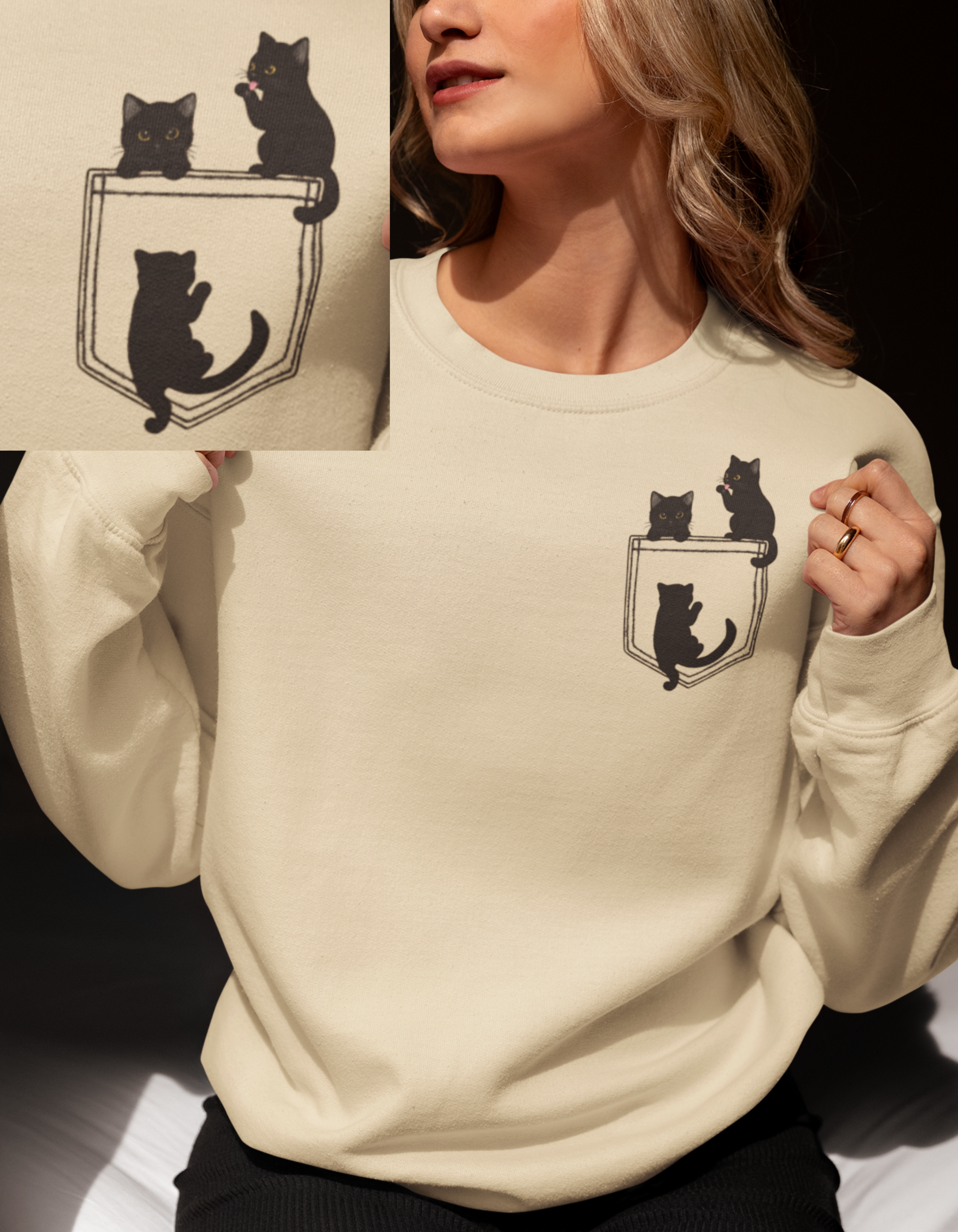 Black Cats on Pocket Sweatshirt Minimal Cat Crewneck Sweater – sizes up to 5XL