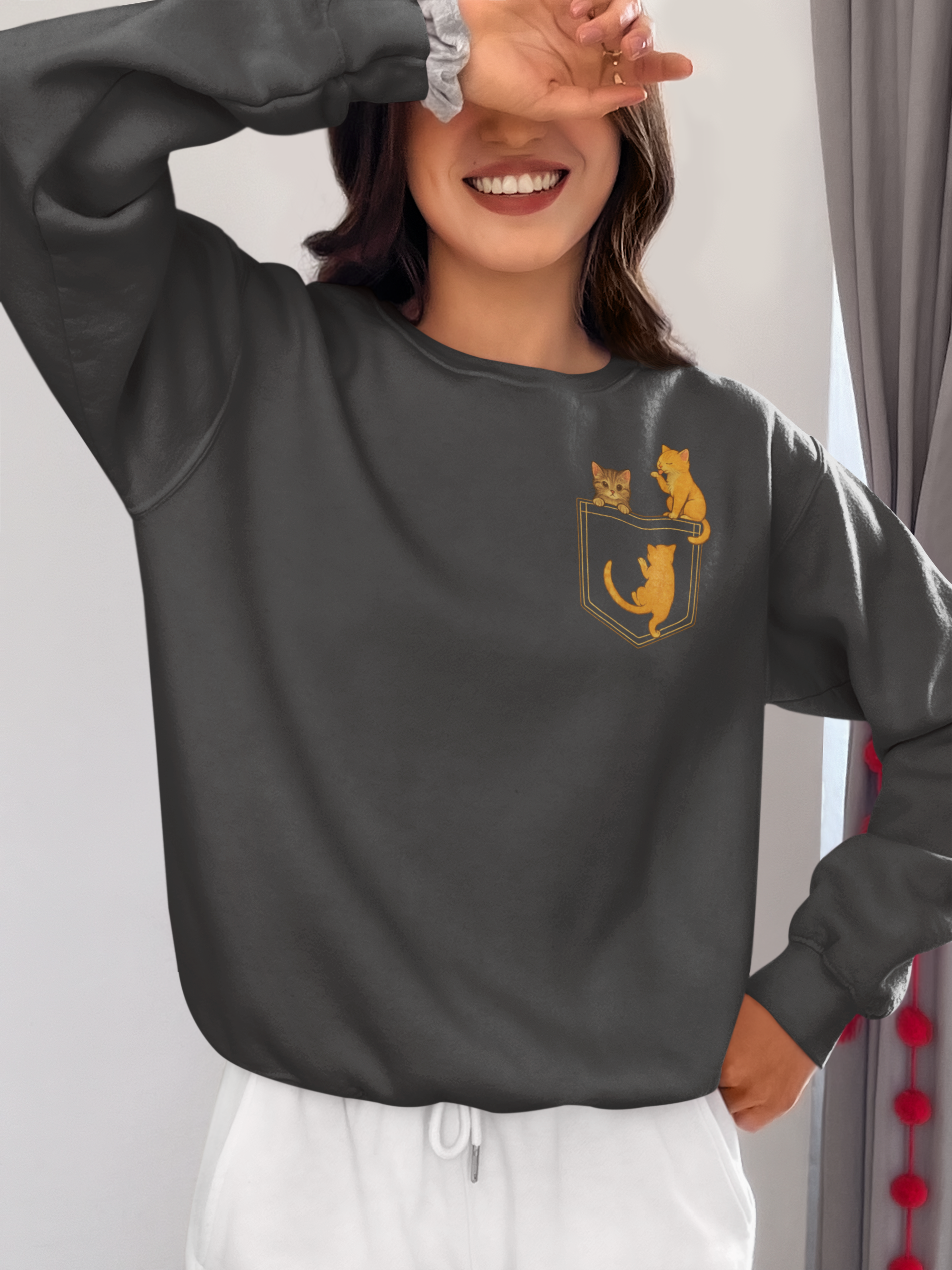 Cats in Pocket Sweatshirt Cute Minimalist Cat Pullover - sizes up to 5XL