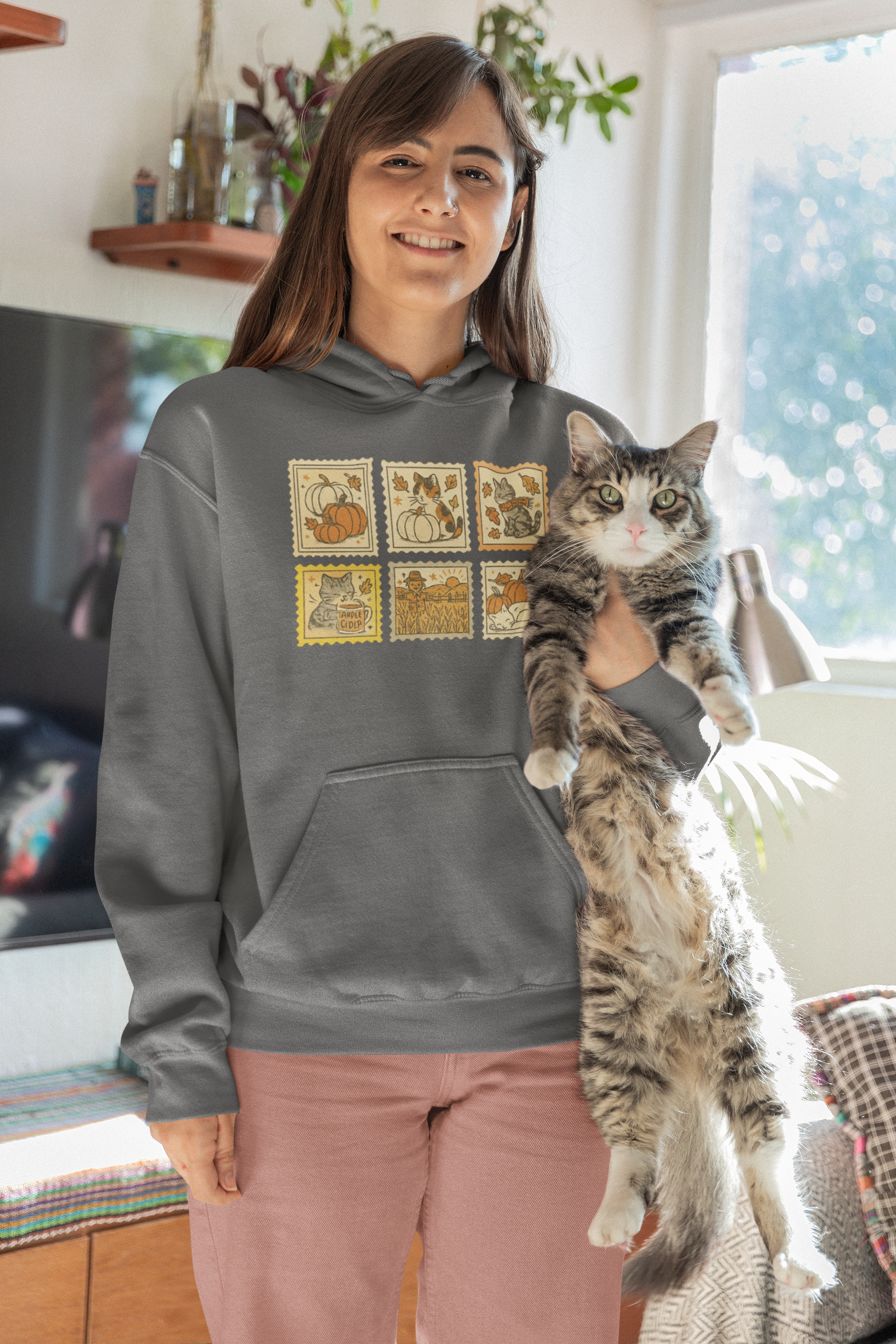 Fall Cat Stamps Hoodie - Cute Autumn Cat Hoodie