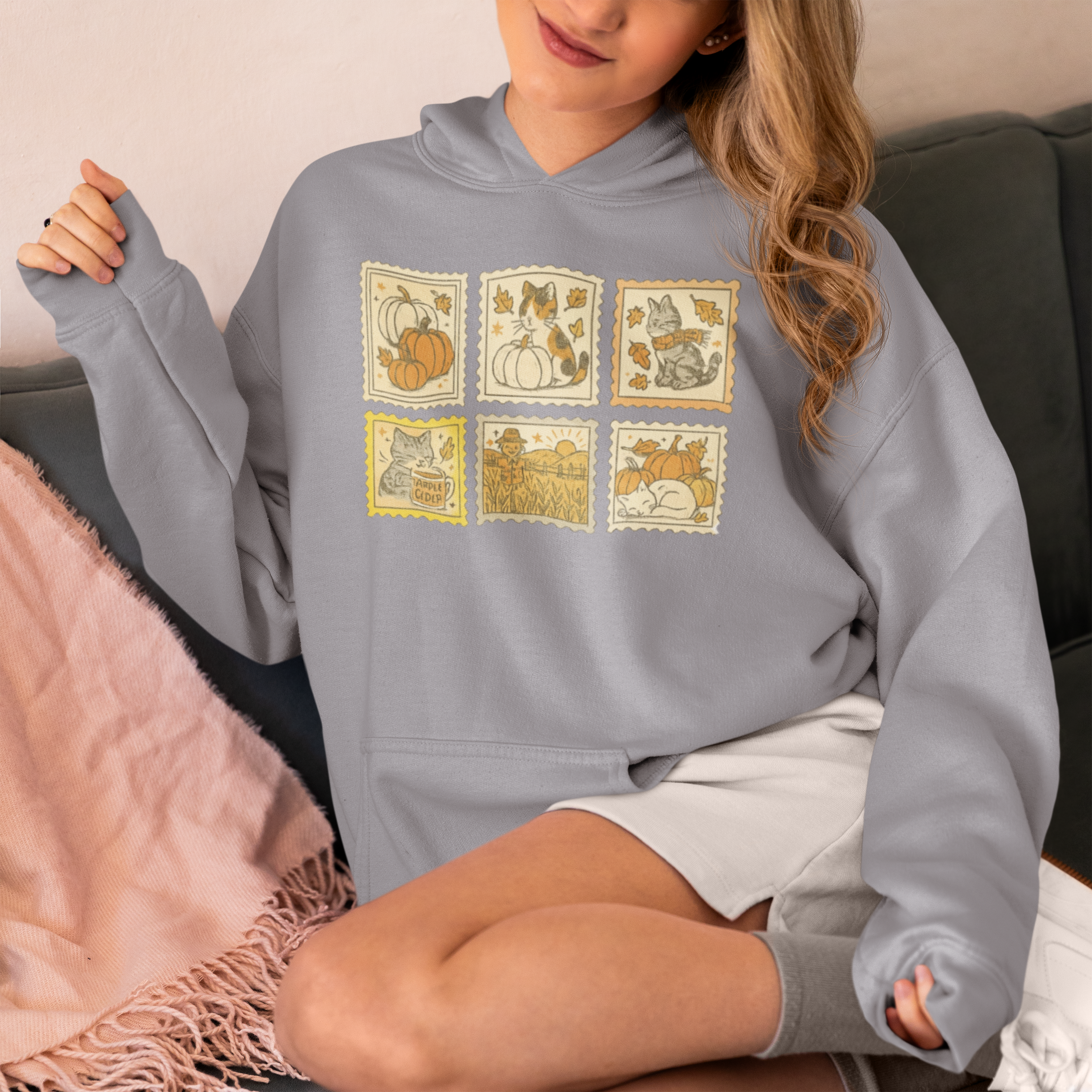 Fall Cat Stamps Hoodie - Cute Autumn Cat Hoodie