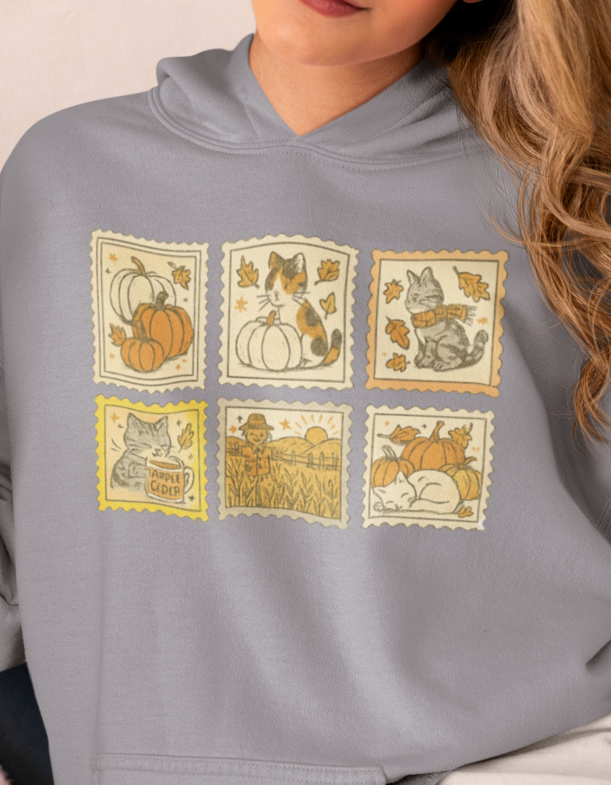 Fall Cat Stamps Hoodie - Cute Autumn Cat Hoodie