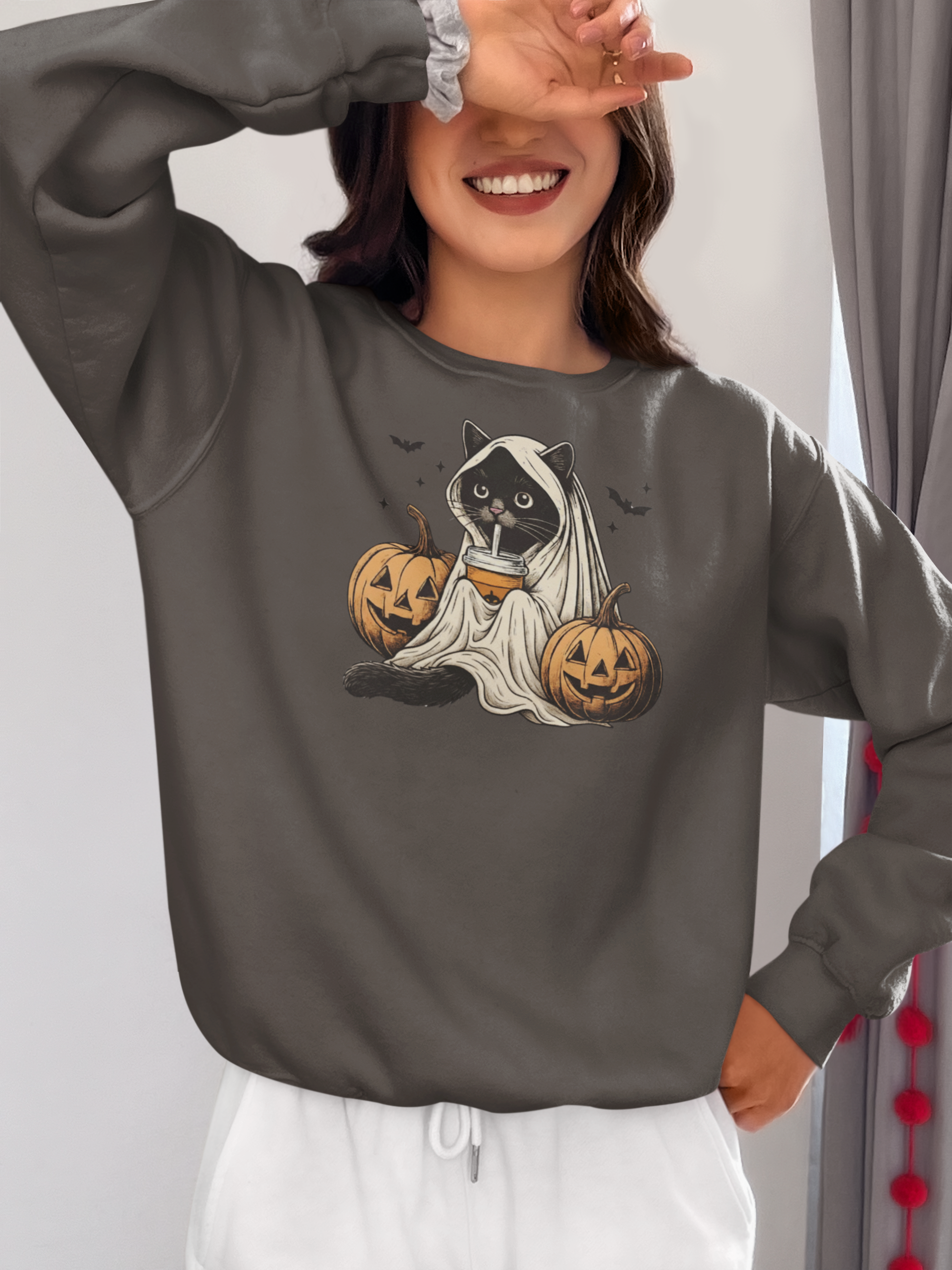 Halloween Black Cat Sweatshirt - Ghost Cat and Jack-o'-Lantern Sweater
