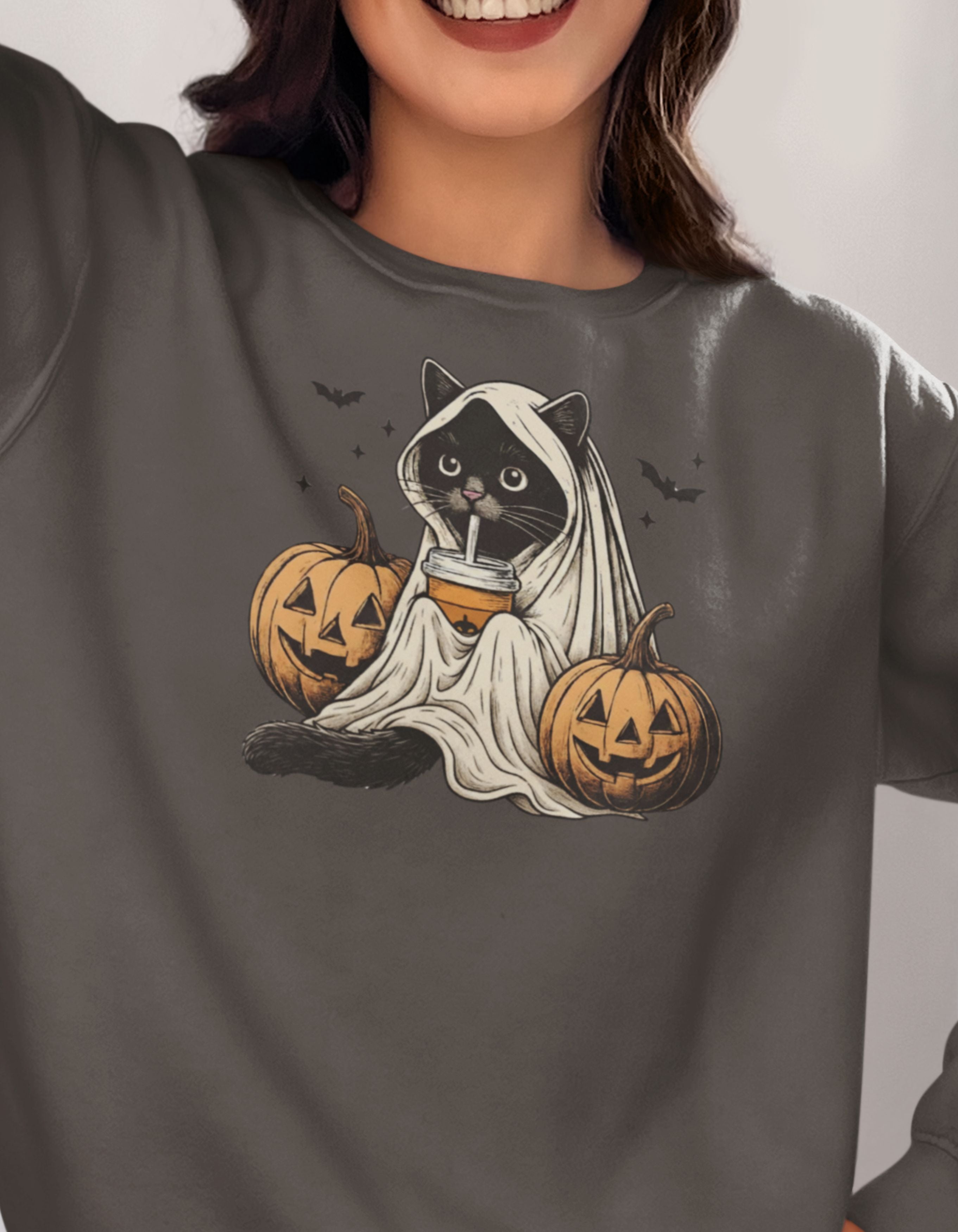 Halloween Black Cat Sweatshirt - Ghost Cat and Jack-o'-Lantern Sweater