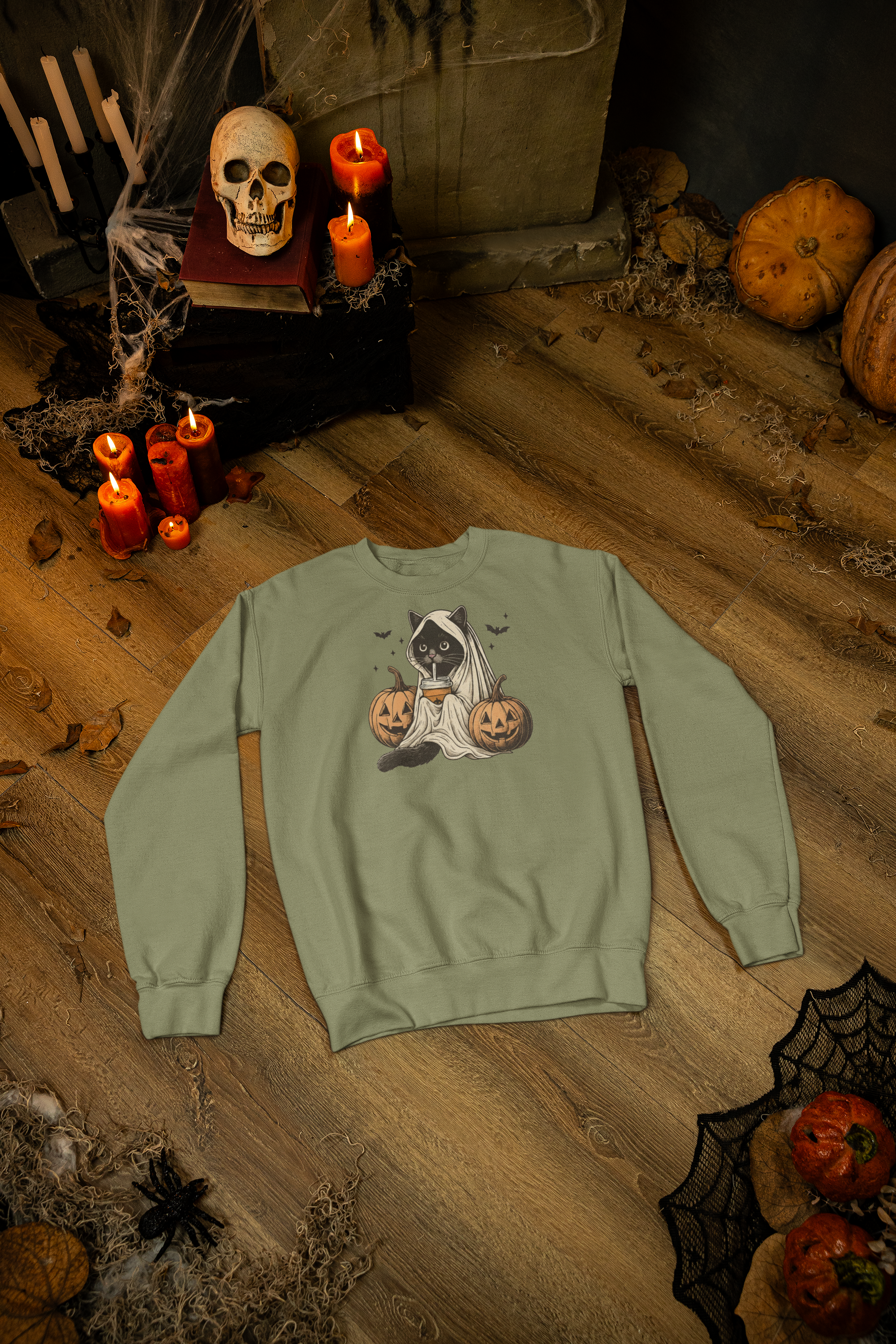 Halloween Black Cat Sweatshirt - Ghost Cat and Jack-o'-Lantern Sweater