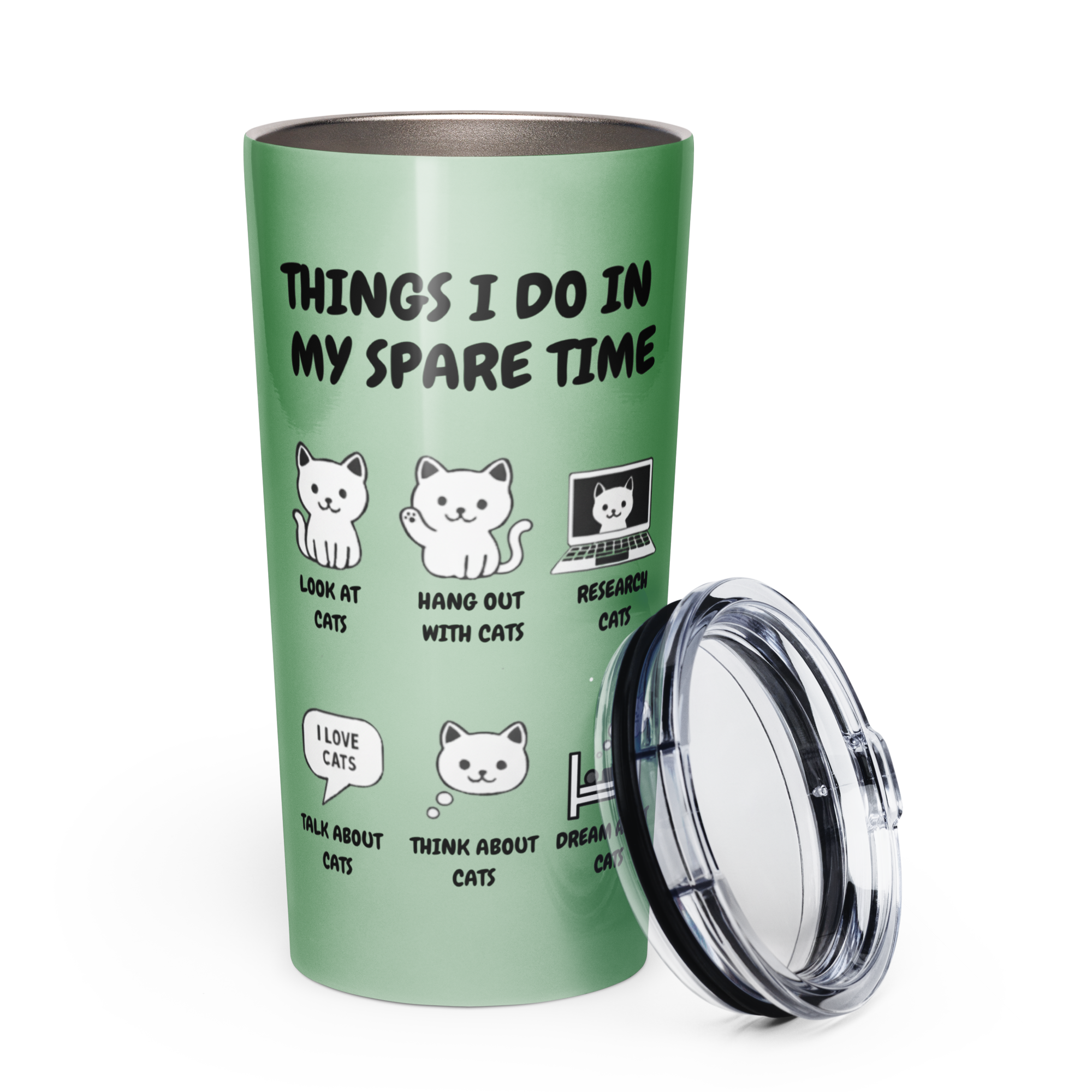 Things I Do In My Spare Time Cat Tumbler Funny Cat Lover Stainless Steel Travel Cup Sage Green 20 oz