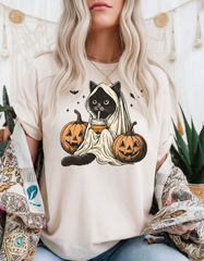 Halloween Black Cat T-Shirt - Cute Ghost Cat and Pumpkin Tee